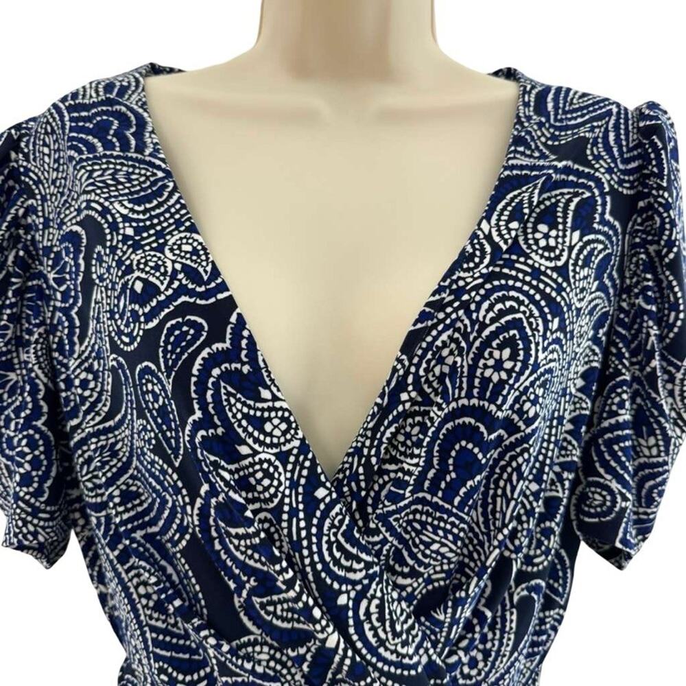 Harper Rose Womens Blue Jersey Knit Floral Wrap Look Puff Sleeve Midi Dress sz 4 - Picture 12 of 16